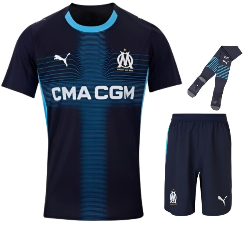 Completo da calcio OM Marsiglia 2025-2026 per bambini – Maglia da trasferta ufficiale con pantaloncini e calzini